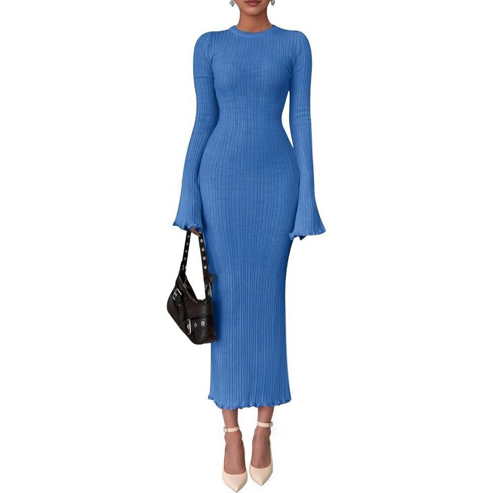 Women's Sky Blue Fall Bell Long Sleeve Crew Neck Bodycon Sweater Maxi Dress